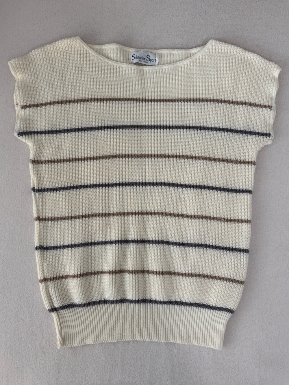 Vintage Schrader Sport New York Cream Knit Stripe Sweater Top Size L